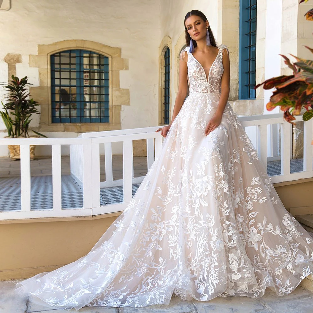 Robes de mariée A-ligne en dentelle avec appliques en tulle pour la mariée, col en V, dos ouvert, moderne, patients de princesse, tout ce que Boho Beach bt