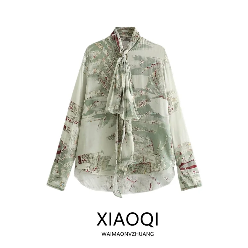 

Spring New Women's Casual Printed irt with Bow Tie Loose Fit Floral Pattern Commute Sle Long Sve Straight Cut Top