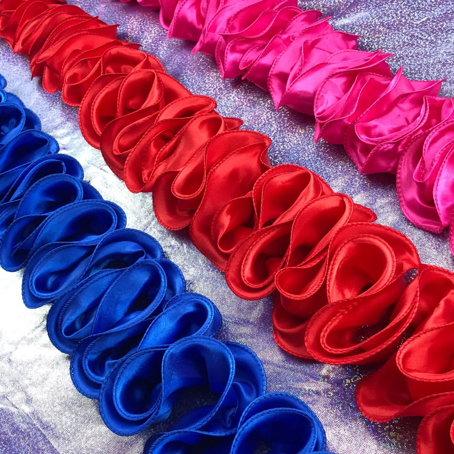 90cm White Red Blue Shiny Satin Pleated 3D Lace Fabric Fringe Ribbon Frills Ruffles Trim Dolls Cloth Headwear Sewing Decor