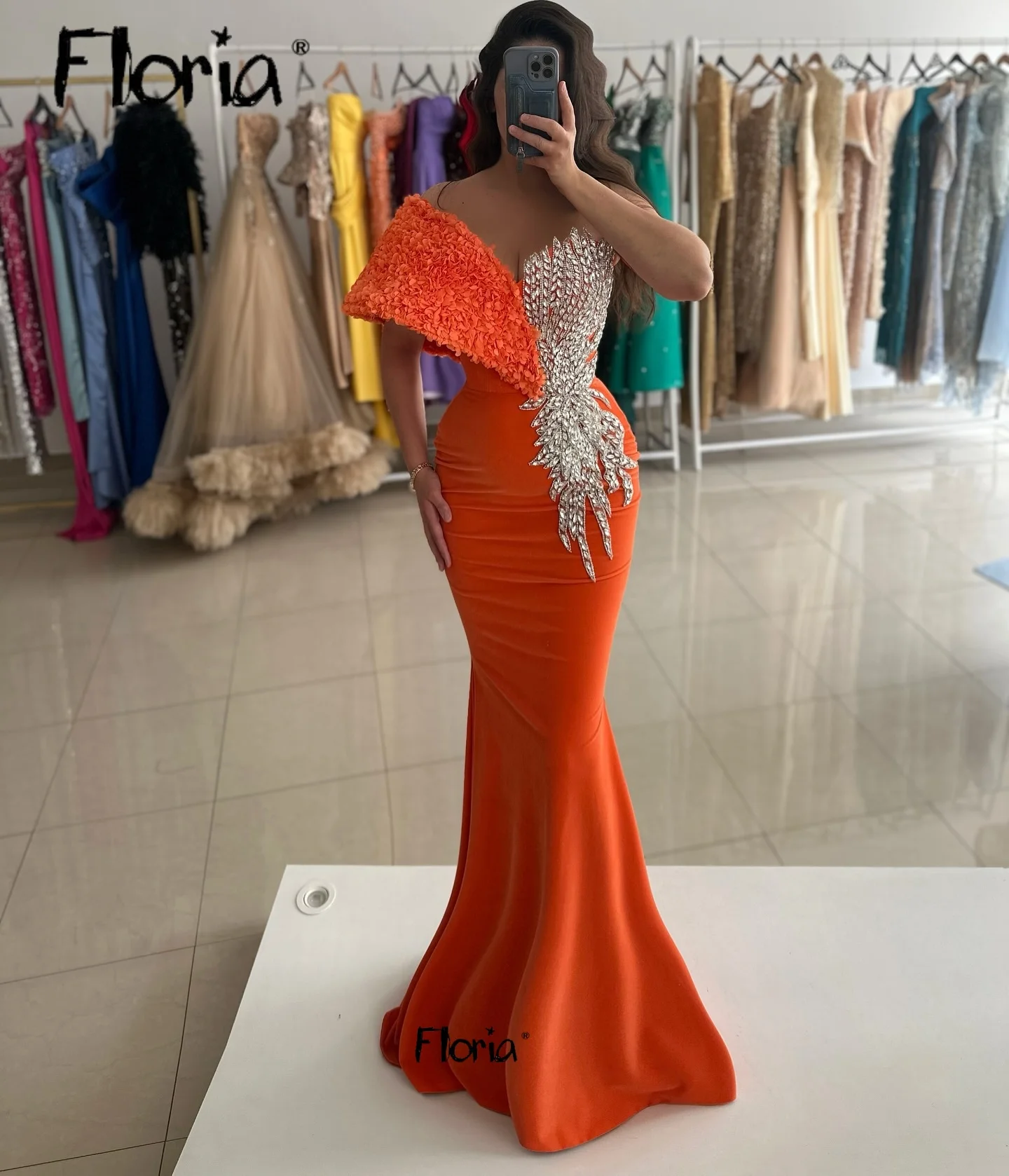 

Orange Black Girl Prom Dress Luxury Mermaid Crystal Beaded One Shoulder Ruffles Birthday Evening Gala Gown Graduation Customized
