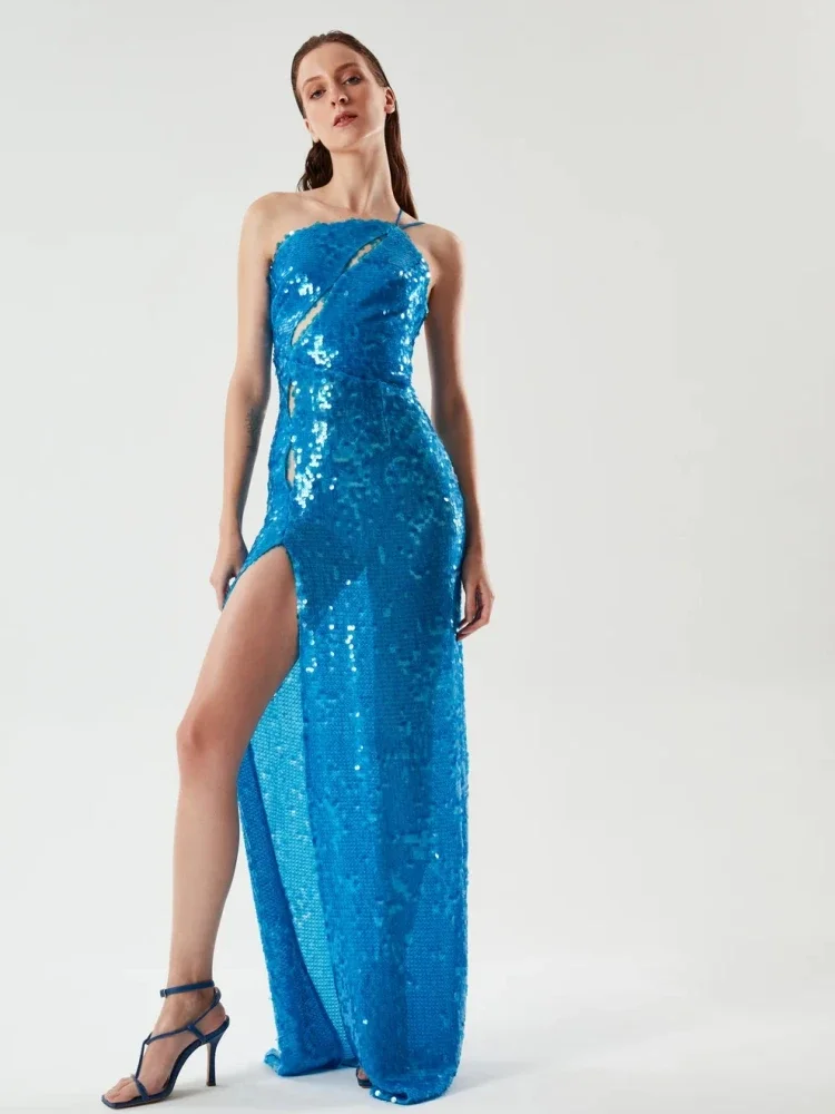 

New Sexy Sleeveless One Shoulder Sequin Slit Maxi Dress Elegant Women Blue Diagonal Neck Cut Out Prom Dresses Evening Party