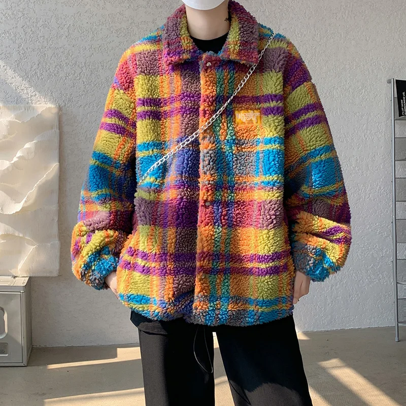 Patchwork Color Striped Iambskin Jackets Men's Women's Casual Harajuku Winter Thick Warm Coats Couples Hip Hop Streetwear