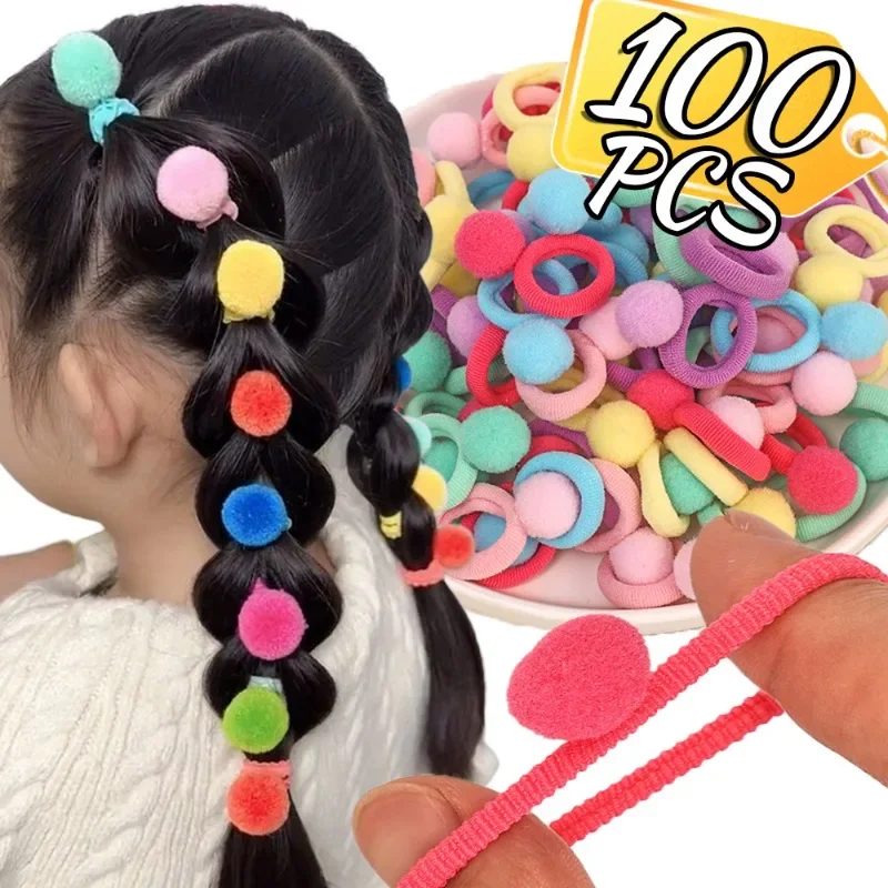 20/100Pcs Bobbles Plush Ball Hair Rope for Girls Children Sweet Scrunchie Elastic Hair Rings High Ponytail Holder Headwer