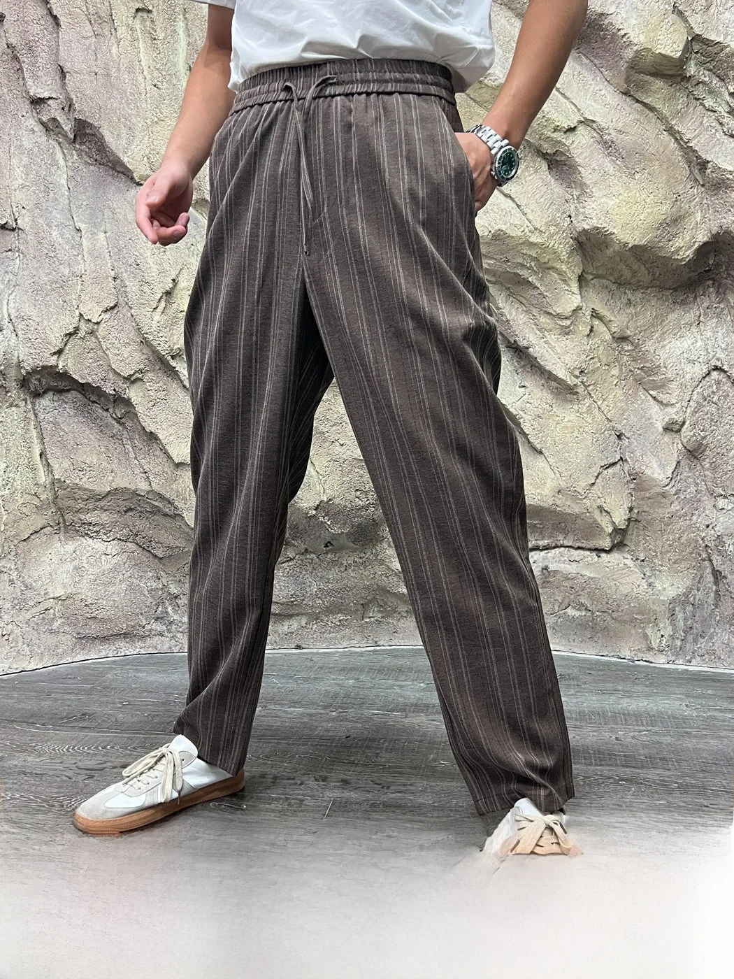 Retro Washed Striped Casual Pants for Men Elastic Waist Comfortable Breathable Fashionable Straight Leg Polyester Blend