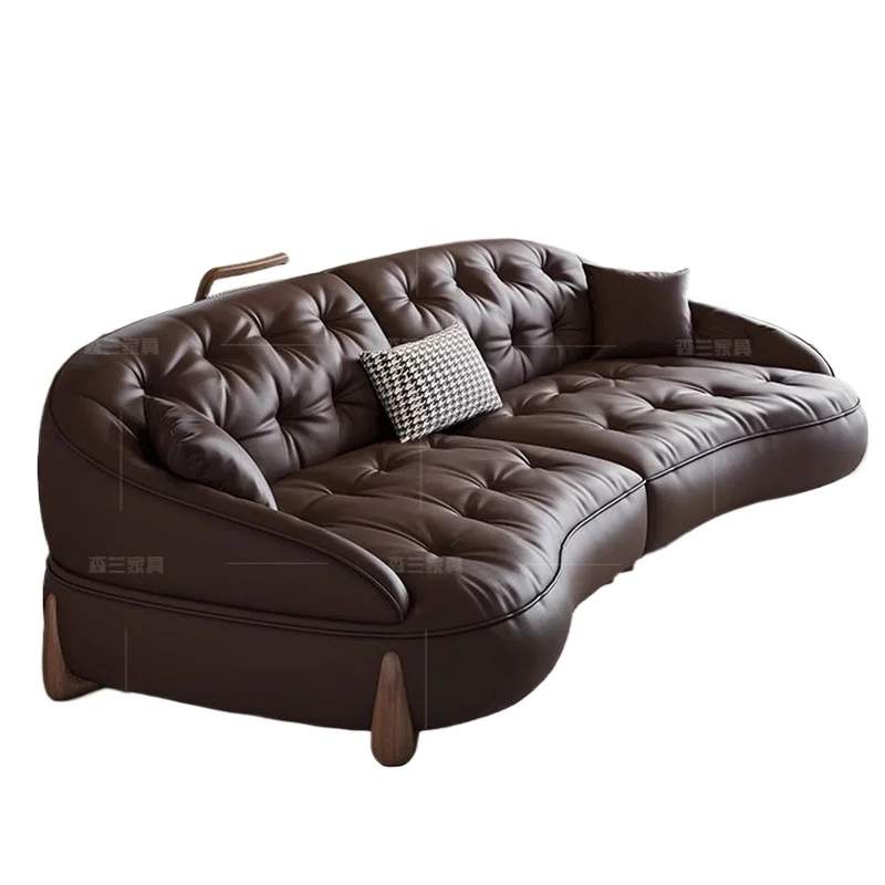 

*Large Split Sofa Mid Century Xxl Vintage Long Couch Wood Legs Curved Divano Furniture Real Leather On The Contact Surface