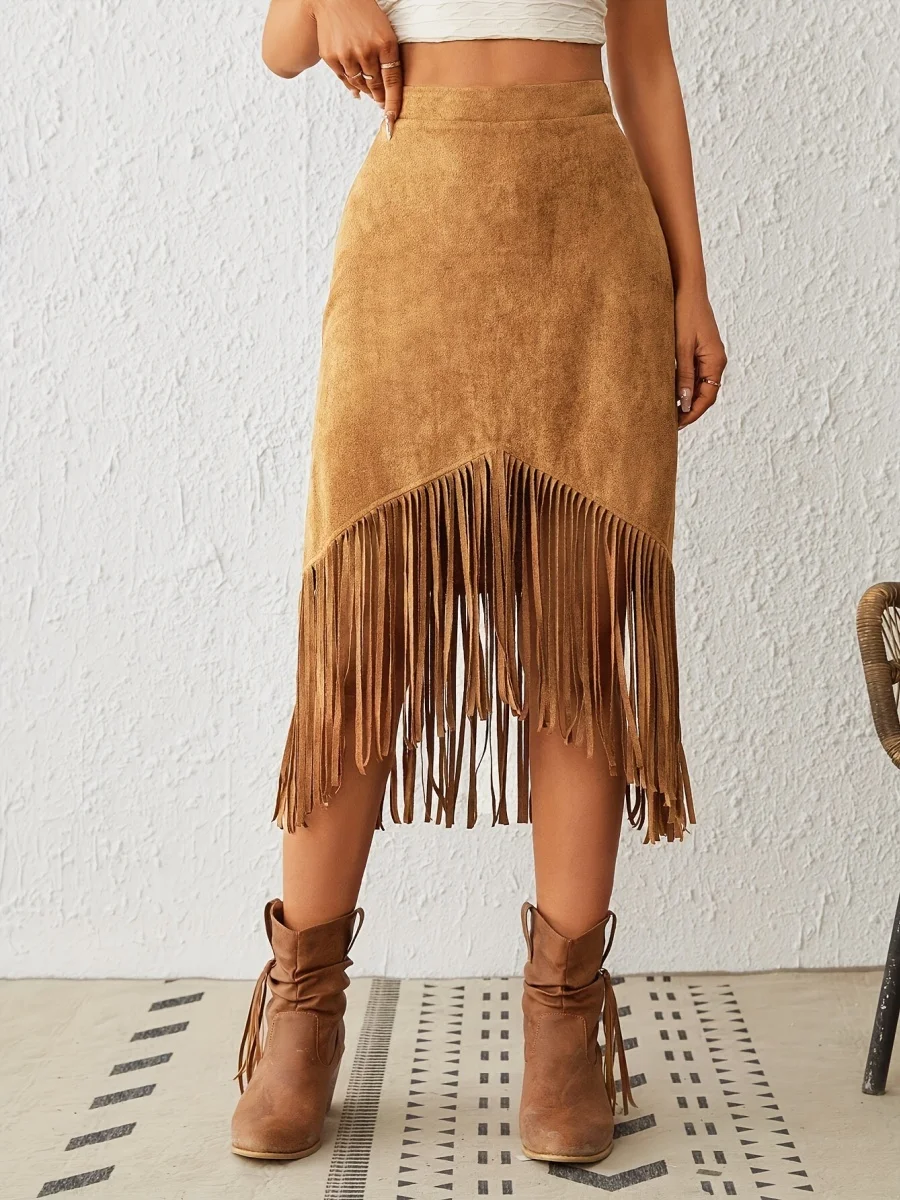 

Ladies 70s Vintage Fringed Irregular Suede Skirt Asymmetrical Hemline Women's Western Mid Skirts