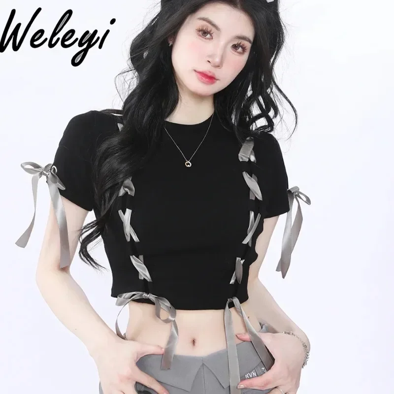 

Hot Girl Sweet Bow Bandage Short T-shirt Top 2024 Summer New Women's All-Match Lace-up Short Sleeve Tee Tops Female Clothes