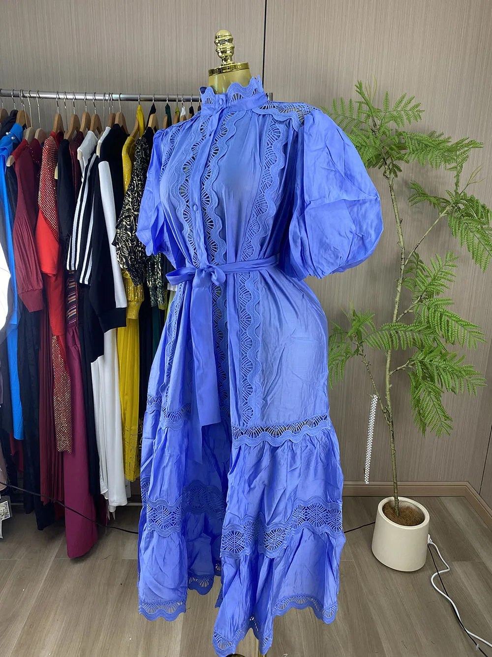 Bohemian-style unique, statement-making short dress – 2026 new collection, featuring puff sleeves and lace detailing.-GZXX400