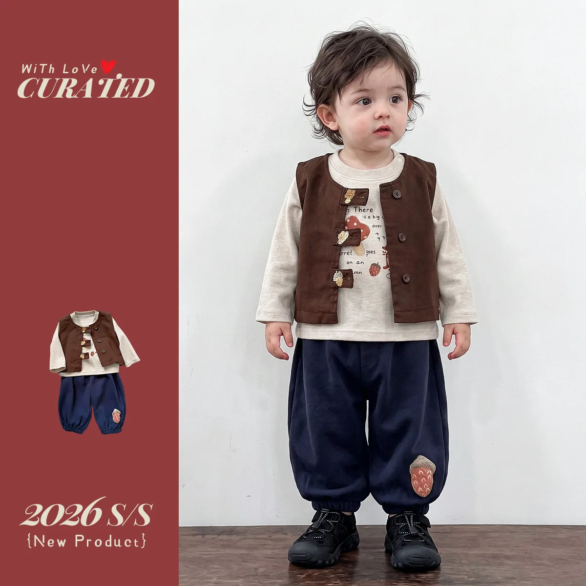 Autumn Korean Style Boys' Outfit Set - Little Boy Retro Embroidered Vest Cartoon Top & Casual Pants Three-Piece Set