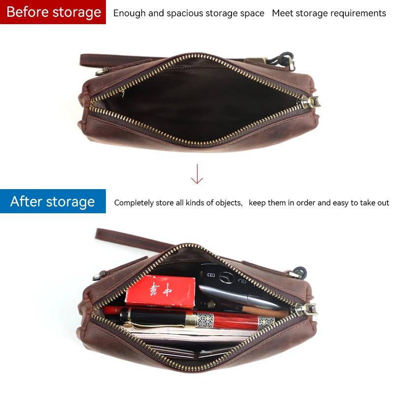 2 In 1 Men\'s Clutch Bag Handmade Genuine Leather Crossbody Shoulder Bags Portable Storage Handbag Long Wallet