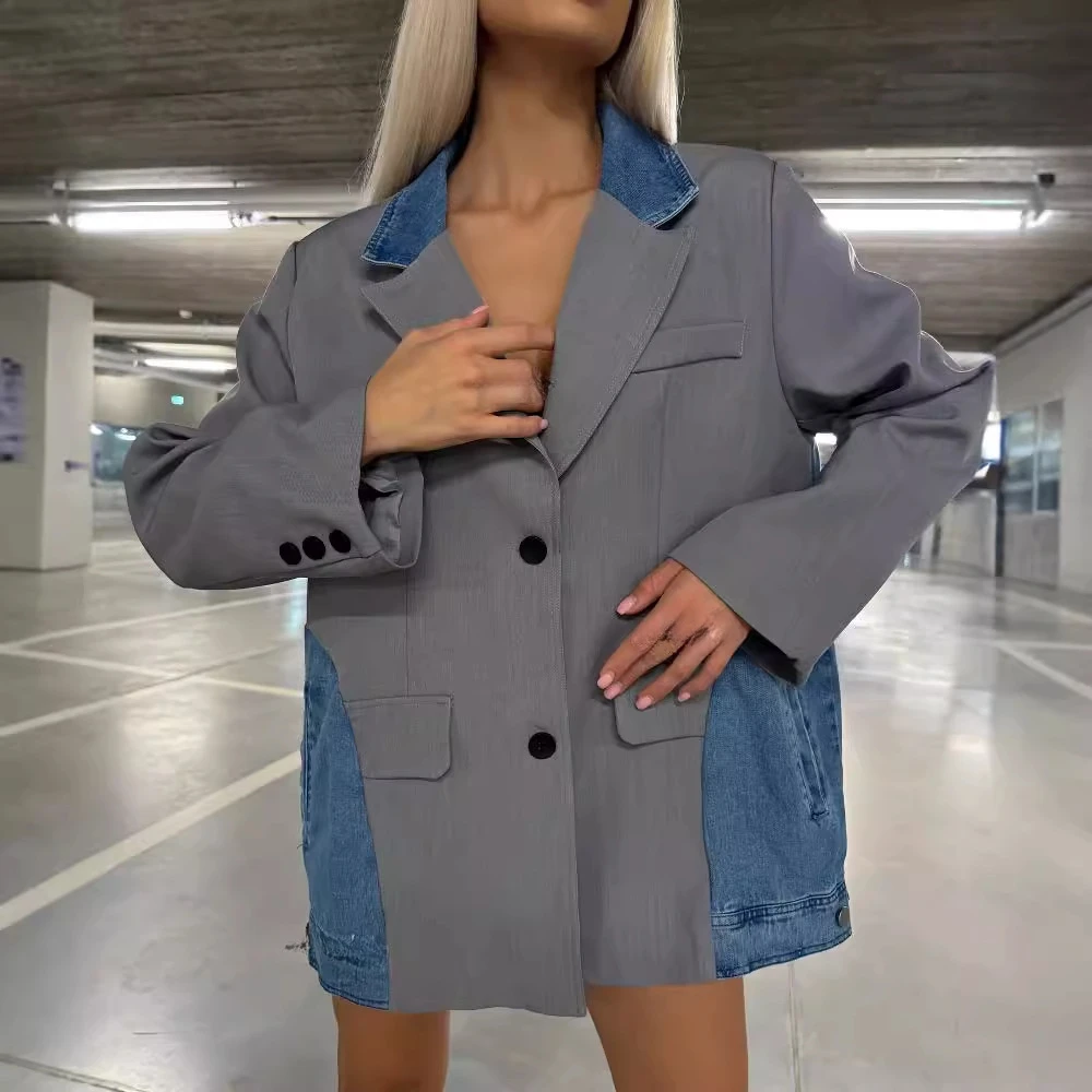 Jaqueta retrô denim splicing suit feminina, na moda e na moda, nova, 2024