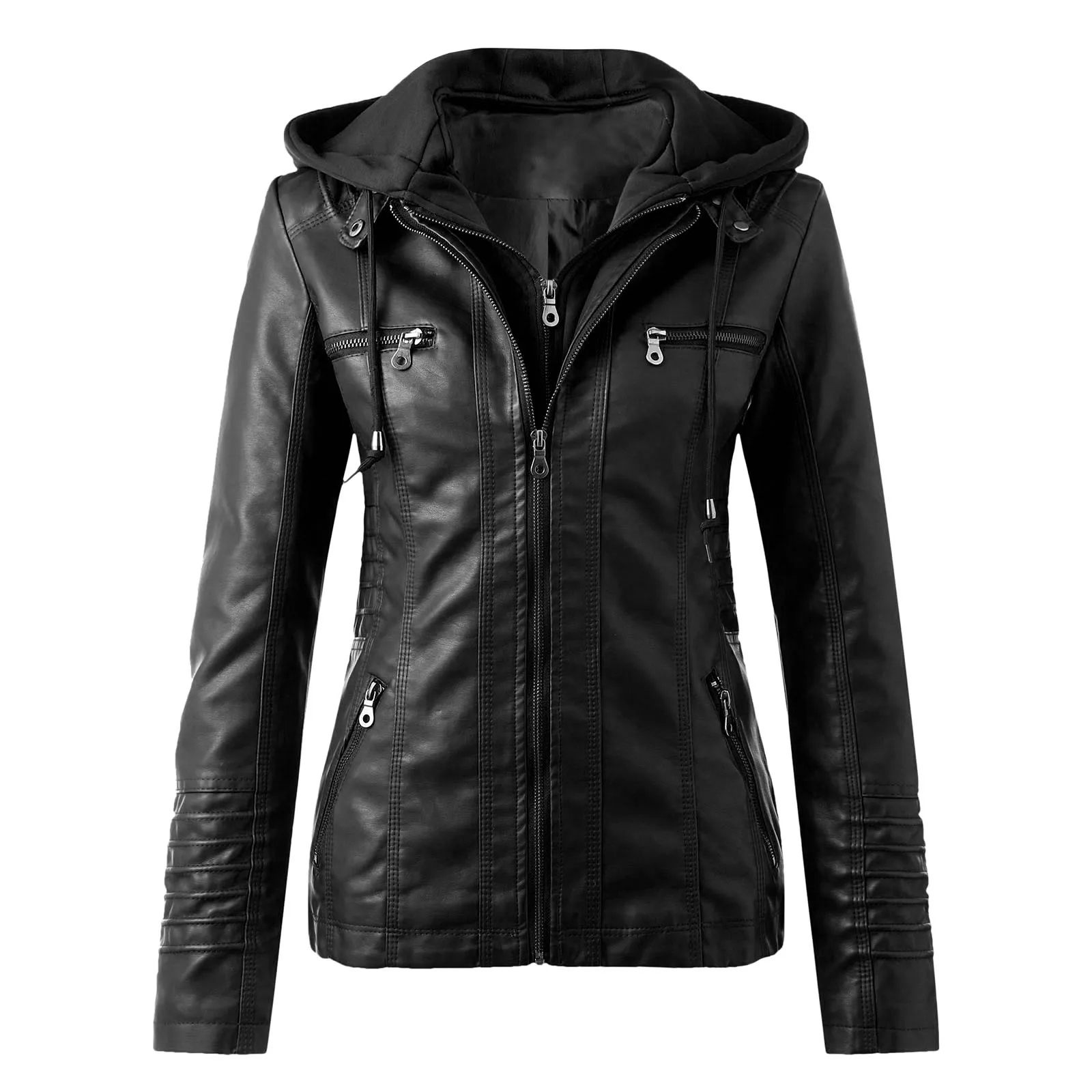 Autumn Winter Women Leather Jacket Hooded Removable PU Leather Jackets Motorcycle Long Sleeve Zipper Coat Black Outerwear Femme