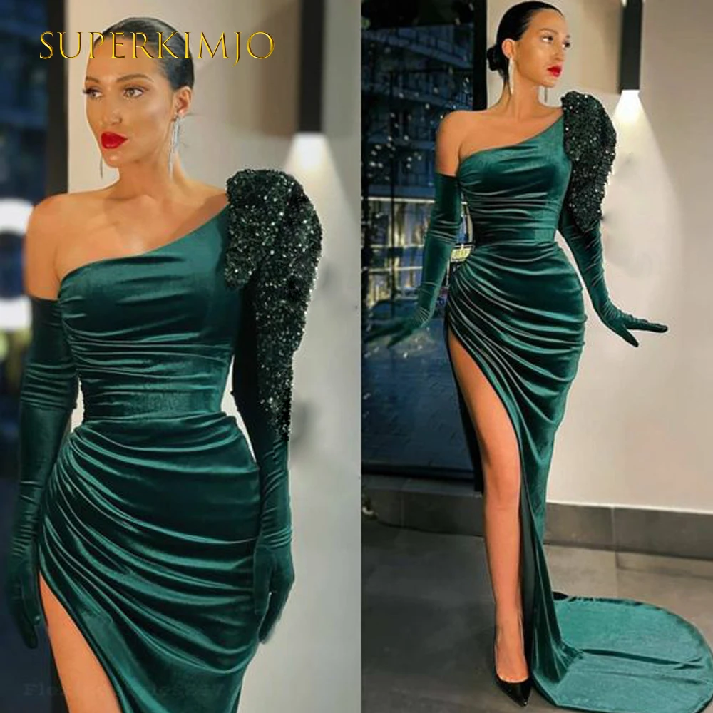 SuperKimJo Robe Soiree Femme Green Glitter Evening Dresses Long One Shoulder Modest Elegant Formal Dress Vestidos De Noche