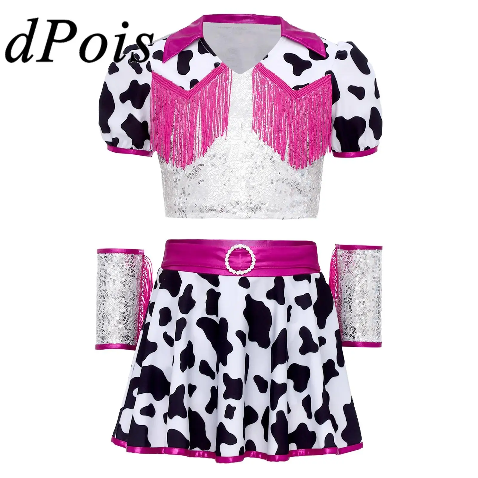 

Cowgirl Outfits for Girls Western Rodeo Performance Costume Sequins Cow Printed Fringed Crop Top Skirt Cowboy Hippie Costume