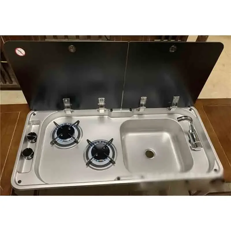 RV Gas Stove Two Burner Rectangular Stainless Steel Sink Combi with 2 Glass Lid 2.18KW 0.8MM Thickness for Car Kitchen