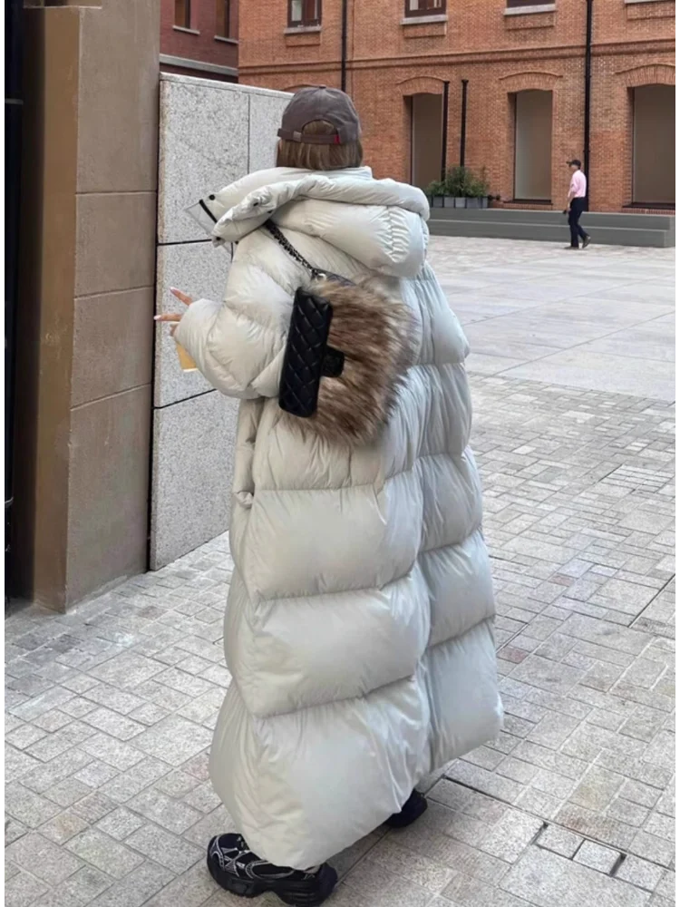 Imagem -04 - Cabolsa Longo Acolchoado Feminino Jaqueta de Penas de Pato Branco Cabolsa Extragrande com Capuz Coreano Puffer Leve para Mulheres Novo w