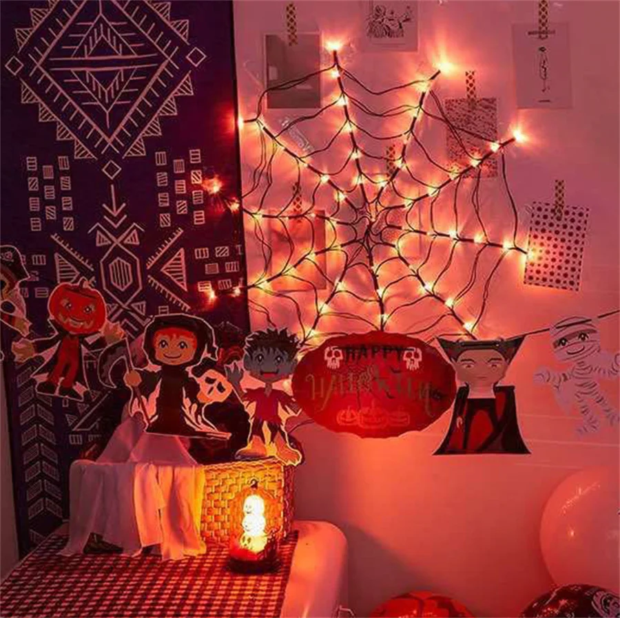 Halloween Decorations Spider Web Lights 70LED Indoor Outdoor Orange Purple Spider Web Lights Haunted House Net Mesh Light