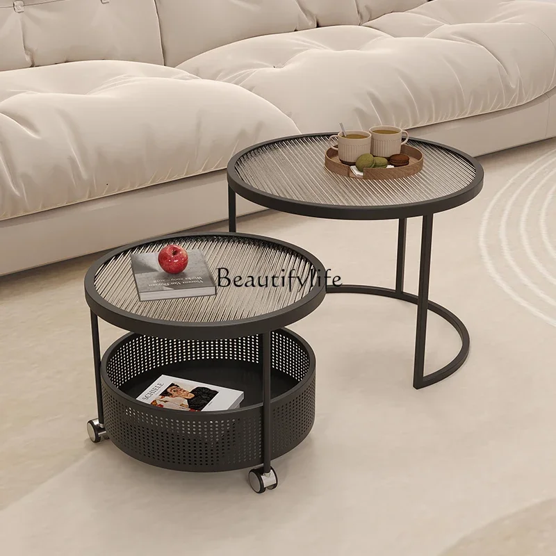 01Cream Style Glass Coffee Table for Small Living Room, Simple Modern Light Luxury Round Shape
