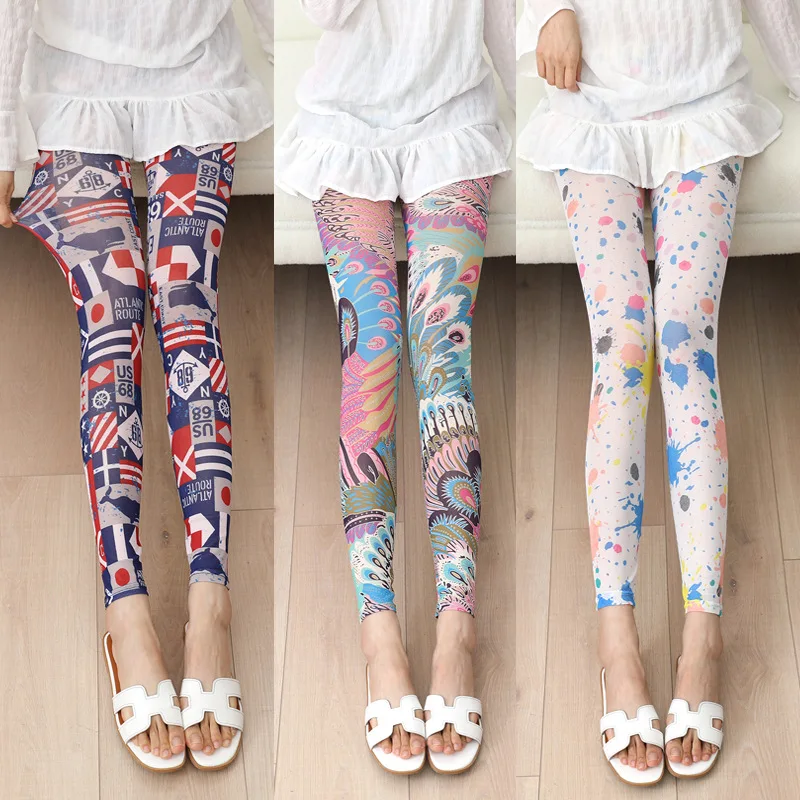 Summer Fashion Printing Mesh Women's Leggings Thin Elastic Breathable Hottie Cartoon Pencil Pants Cropped Pants