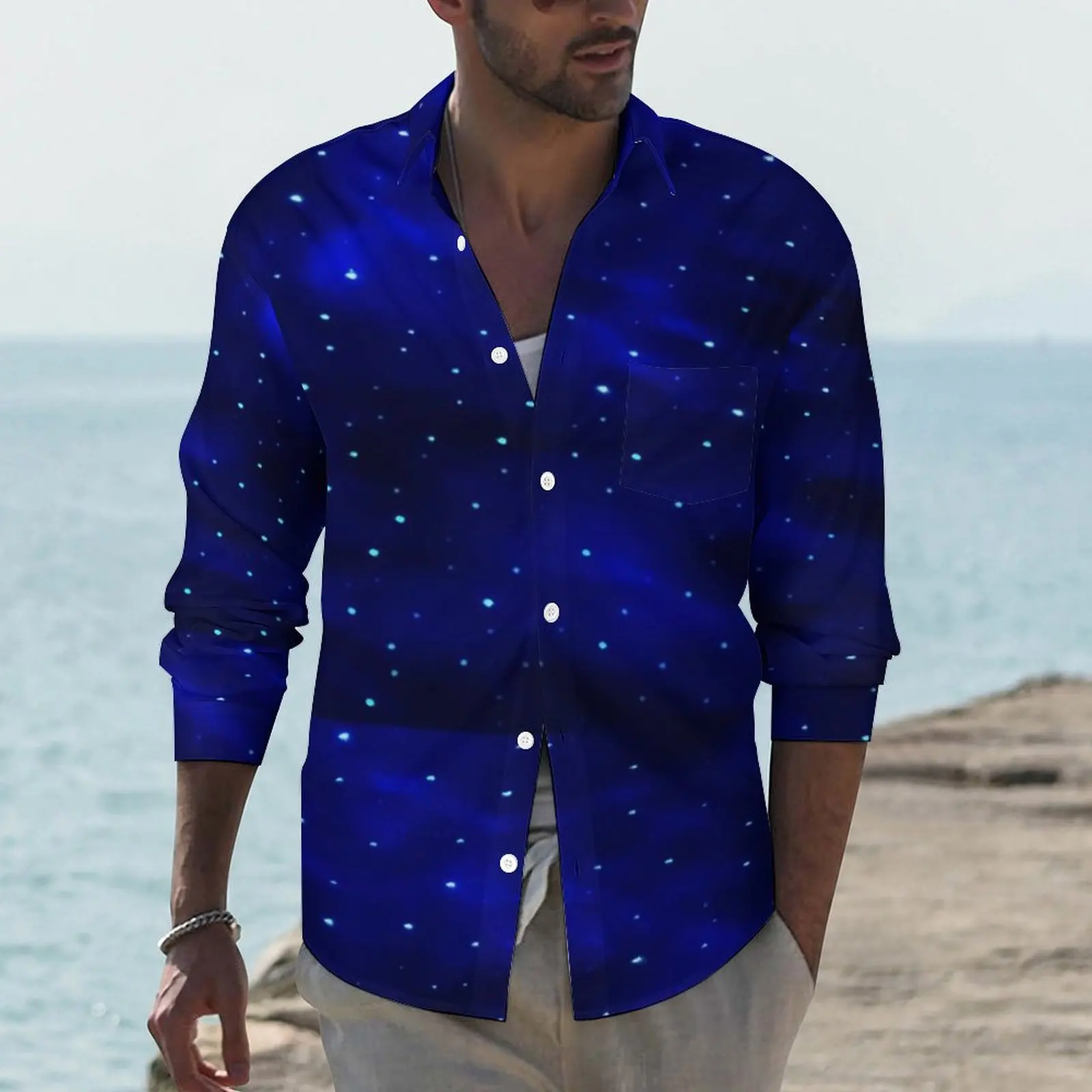 

Bule Galaxy Casual Shirts Male Stars Print Shirt Long Sleeve Trending Funny Blouses Autumn Graphic Top Plus Size 4XL