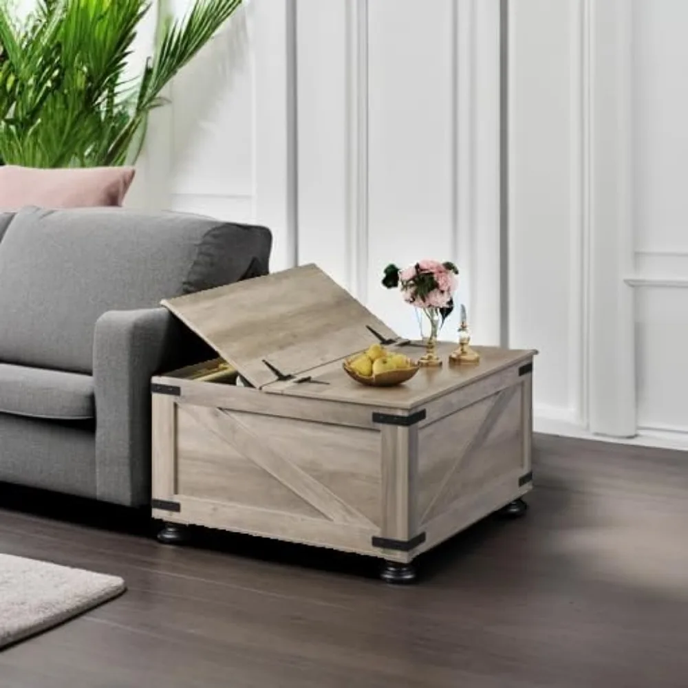Farmhouse Coffee Table, 31.5 Square Wood Center Table with Flip-Top Lids and Large Hidden Storage Compartment for Living R