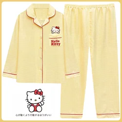 Sanrio new Hello Kitty silk pajamas female cute cartoon comfortable pure cotton woven cardigan home breathable women's pajamas