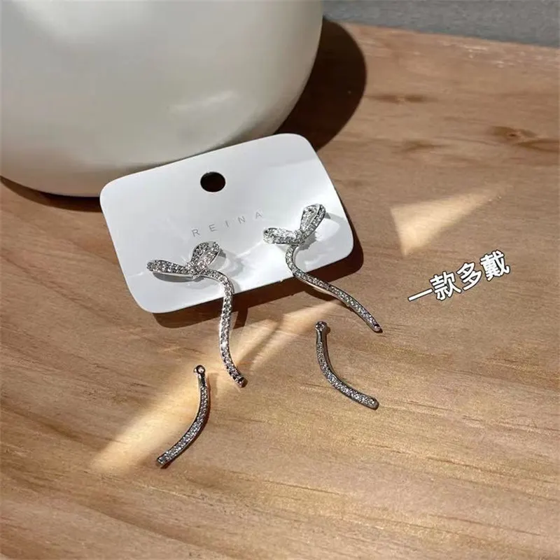 Fashion Silver Color Ribbon Bow Drop Earrings for Women Girls Korean Style Rhinestone Bow Ear Studs Earrings Wedding Jewelry