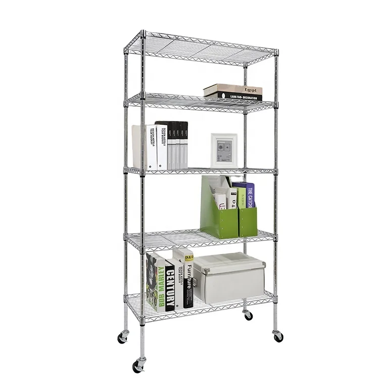 

Customizable 5 Tiers Chrome Metal Storage Shelf Standing Adjustable Wire Rack on Wheels Portable Movable Modern