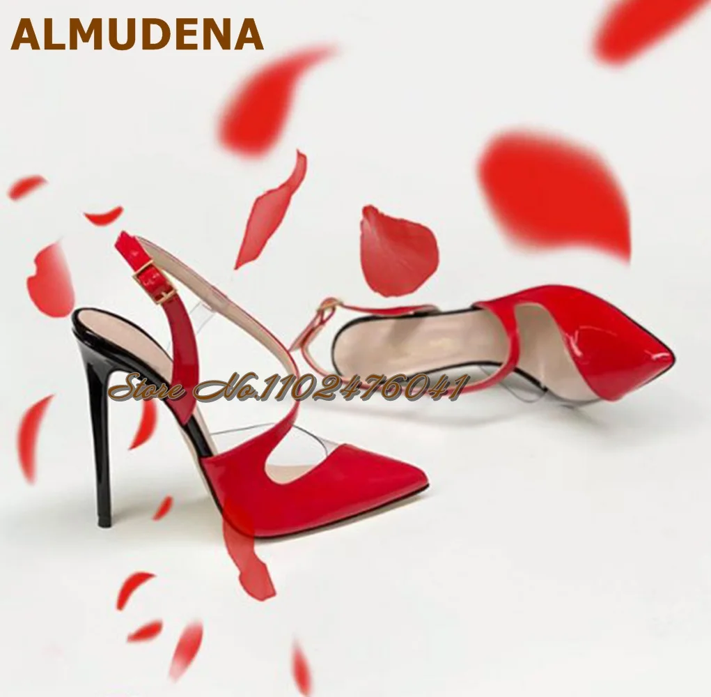 

ALMUDENA Red Black Patent Leather Color Patchwork Dress Shoes S-Shaped Strap Buckle Dress Shoes Clear PVC Matched Banquet Pumps