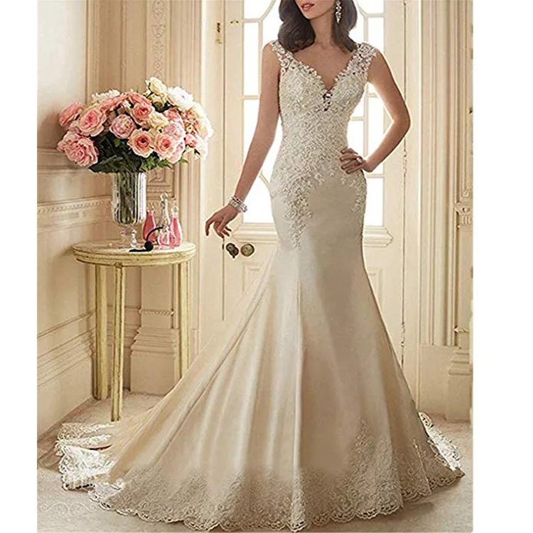 

VENSANAC Vintage V Neck Satin Mermaid Wedding Dress Lace Appliques Sweep Train Open Backless Bridal Gown