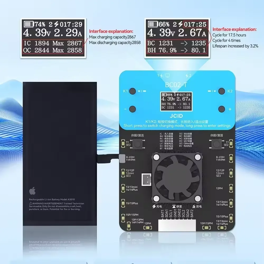 JCID BC02-T Super Battery Cycler Unlock Battery Voltage Limit for iPhone 11 12 13 14 15PM Battery Health AND Cycle Repair Tool