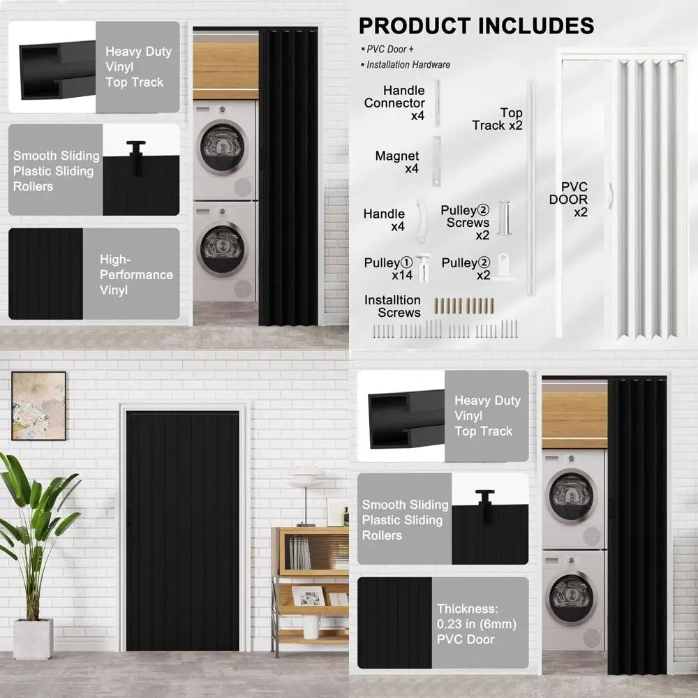 

36" x 80" Accordion DoInterior olding Door, Black PVC Accordion Door or Opening Width: 24"-36", Adjustable Height & Width, Two S