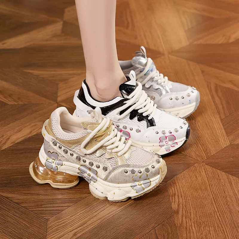 Spring Fashion Heavy Industry Rivets Designer Summer Air Cushion Thick Sole 8.5CM Heightening Dad Shoes Women