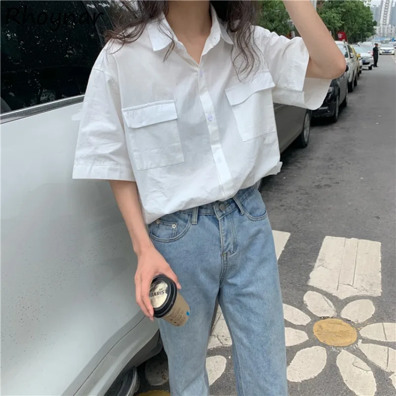 Shirts Women Summer Simple Daily Solid Casual All-match Korean Style Retro Double Pockets Unisex College Couples Prevalent Chic