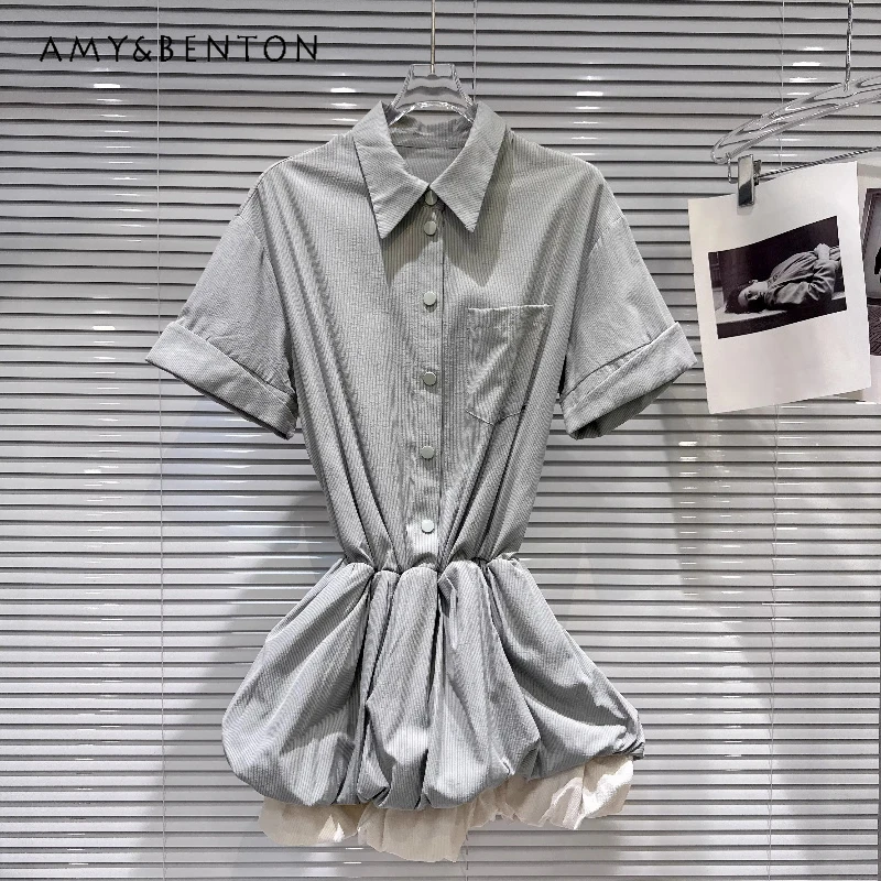 

Stylish Hot Girl Lapel Design Women's Shirt Dress 2026 Spring New Green Fashion Fold Splicing Temperament Short Dresses Ladies
