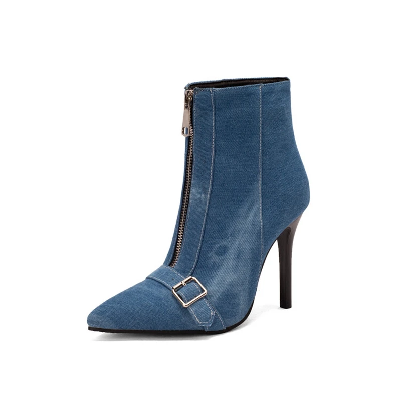 Big Size Fashion Winter Women Ankle Boots Pink Black Thin High Heels Party Office Belt Buckle Pointed Zipper Short Boots 2003