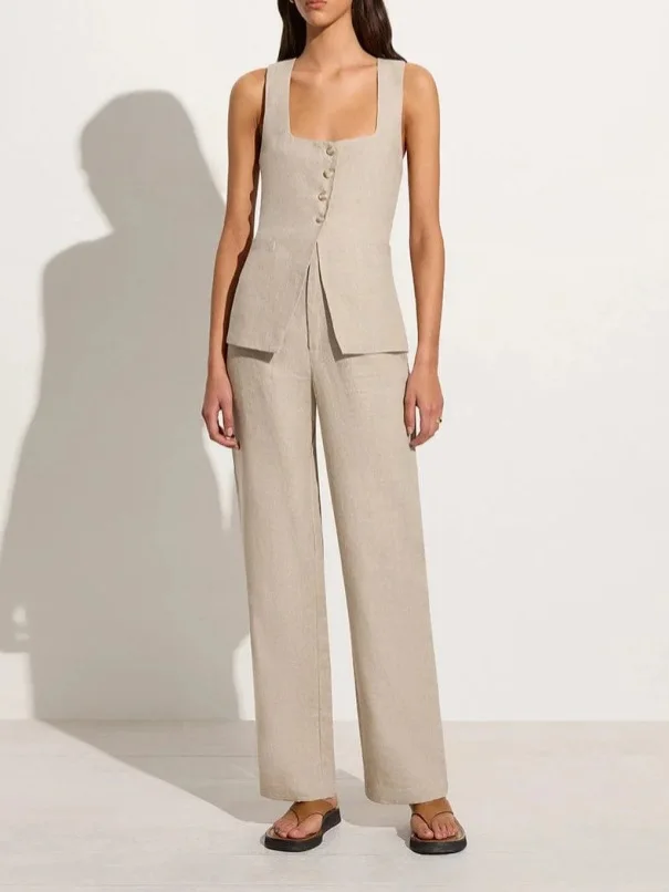 Novo conjunto de colete e calças com gola quadrada longo sve algodão faion conjunto roupas femininas primavera 2024 coleção terno de duas peças