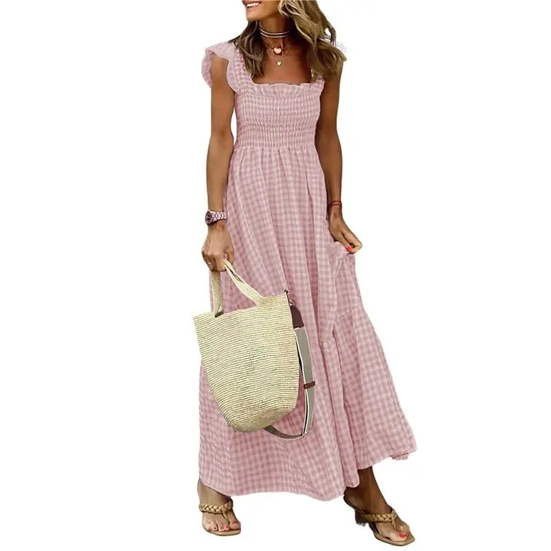 ABRT-Women's Retro Plaid Smocked Dress Spaghetti Strap Flounce Long Dress
