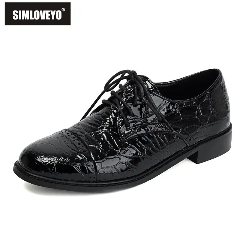 

SIMLOVEYO 2025 New Shiny Female Pumps Round Toe Flats Heel Lace Up Large Size 41 42 43 Handmade Shoes Women Fall