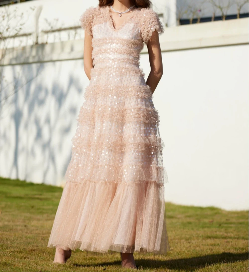 

Temperament commuting V-neck short-sleeved long dress sequined A-line skirt basic all-match skirt-GZXX475