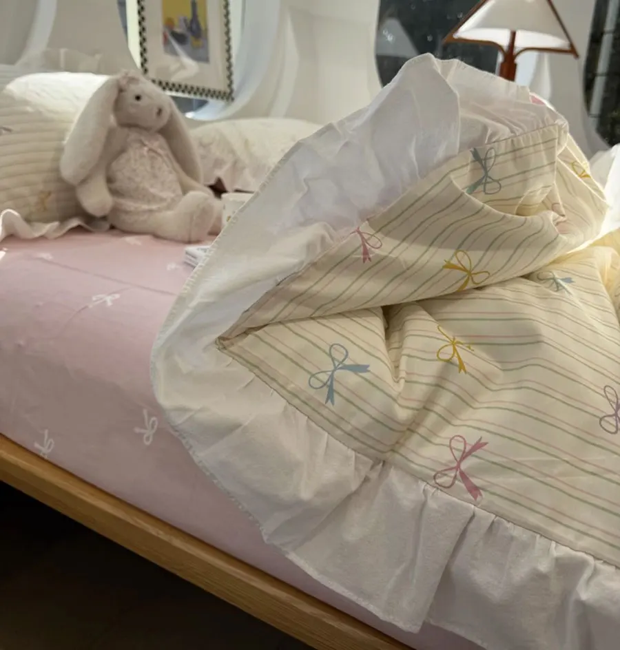 

Romantic sweet bow stripe bedding set,twin full queen fairyfair lovely pink cotton home textile sheet pillow case quilt cover