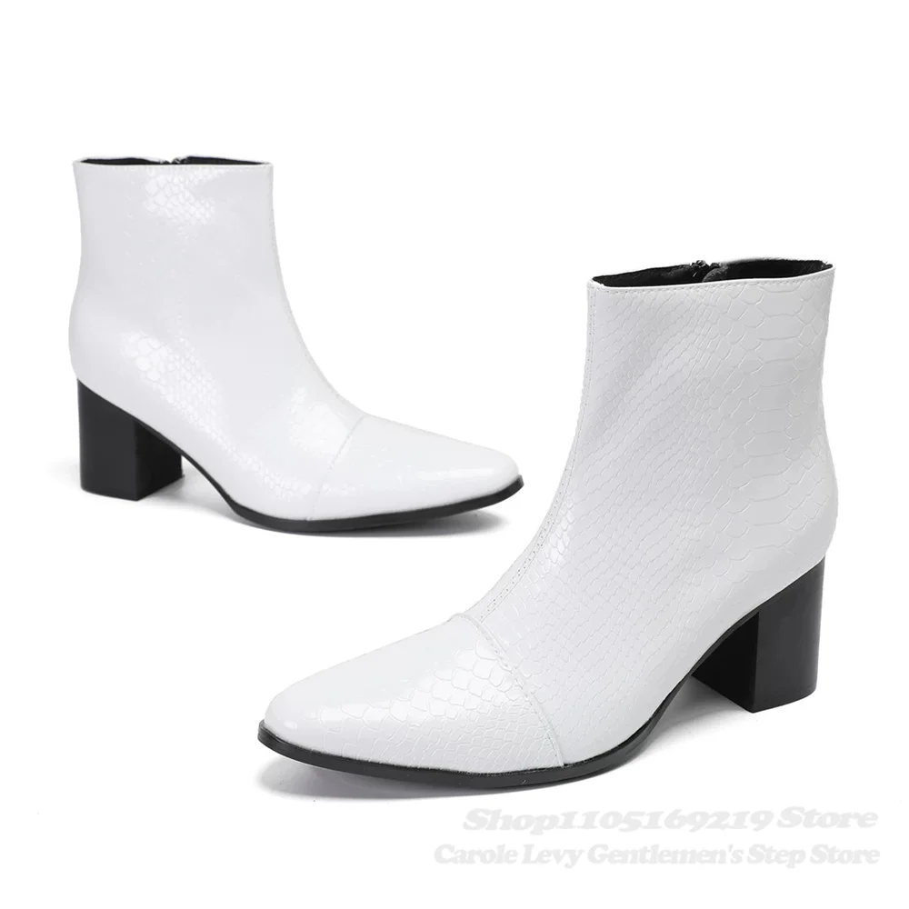 Men Metallic Blue Snake Print Ankle Boots 8cm Pointed Toe Side Zipper Block Mid High Heel Nightclub Bar Trendy Short Boot