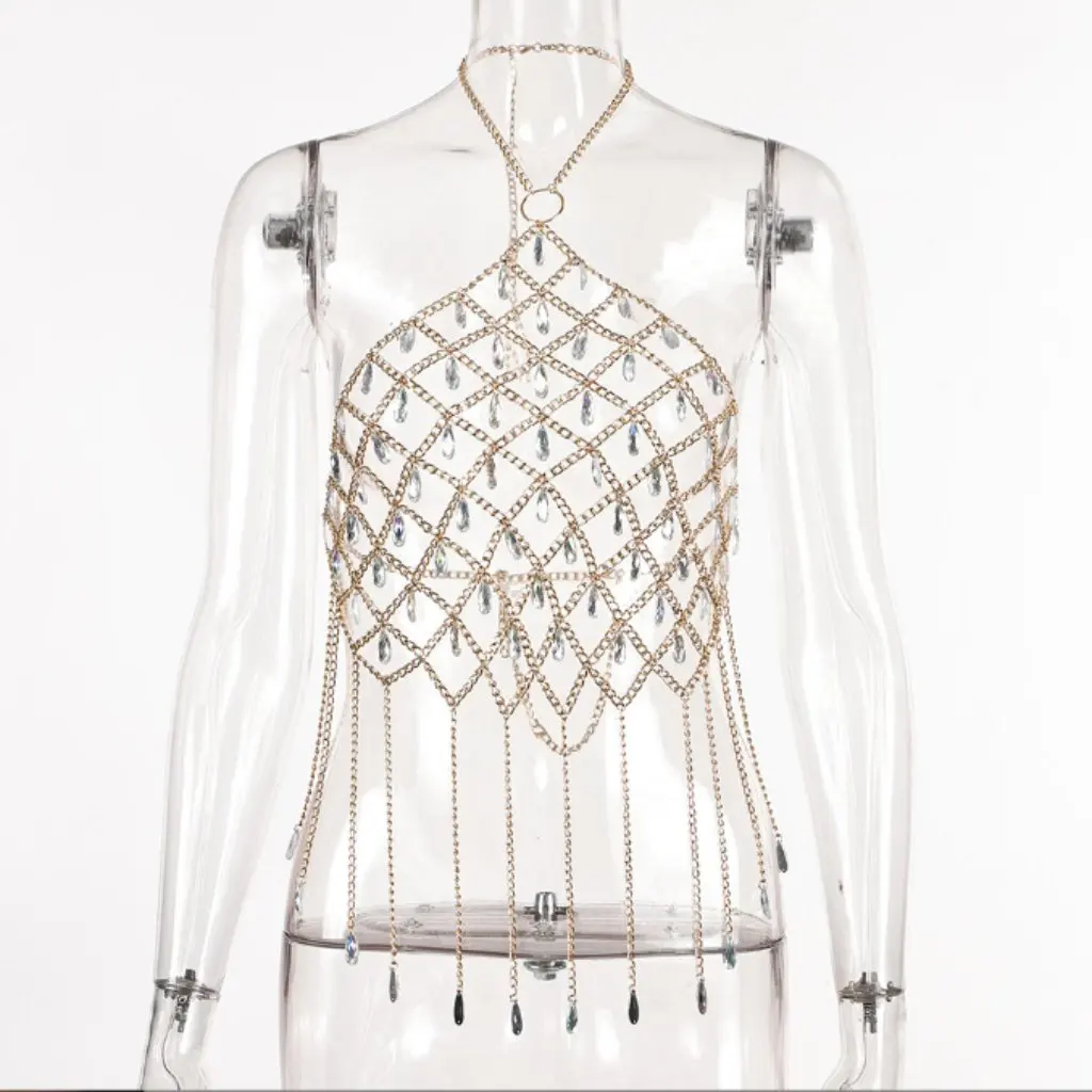 

Топ с металлической цепочкой и кисточками, жилет XH233989, сексуальный дизайн с открытой спиной и пупком, цветной контрастный драгоценный камень, горячая новинка, женская мода