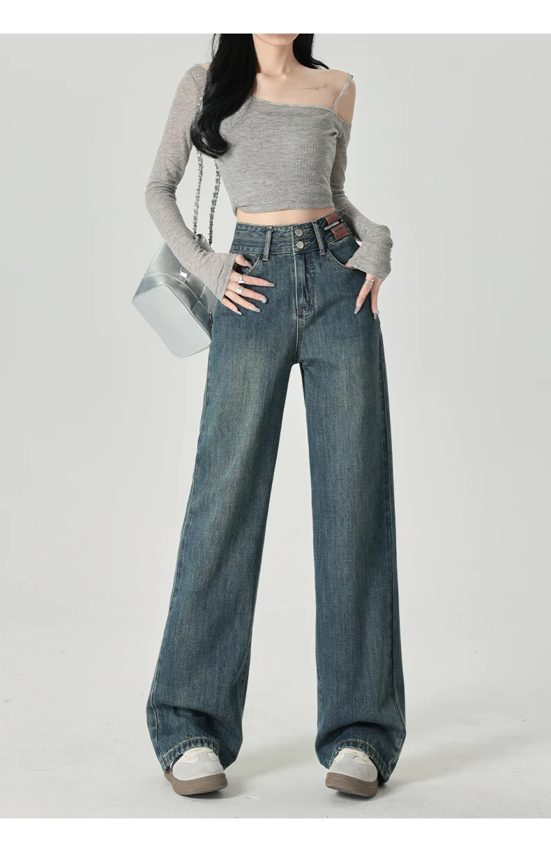 Schmal geschnittene Damenjeans mit weitem Bein, hoher Taille und hängendem Gefühl, gerades Bein, lässiger Look, schmale Hose in Kontrastfarben – Detail 8
