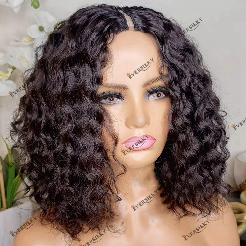 

Glueless Full Machine Made Human Hair U Part Wig Jerry Curly 200% Density Natural Black Women Wig V Part Wig 100% Remy Hair