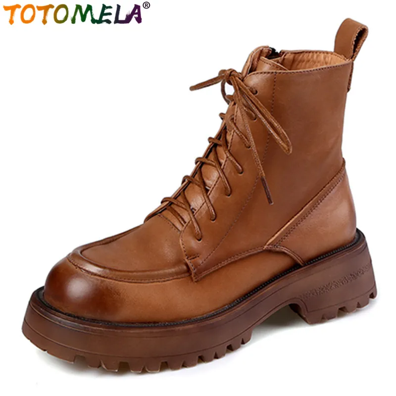 

TOTOMELA 2024 New Size 34-40 Retro Narrow Band Winter Boots Woman Genuine Leather Ankle Boots Thick Med Heels Platform Shoes