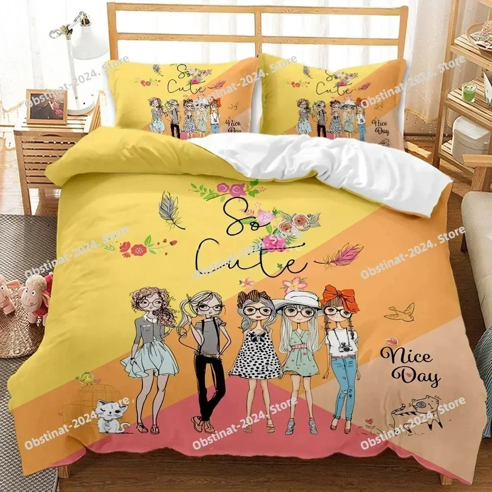 3D Fashion Cartoon Girl Scenery Bedding Set Modern Printed Comforter Quilt Duvet Cover Pillow Case 3 Pieces Sets Kids Adult Size