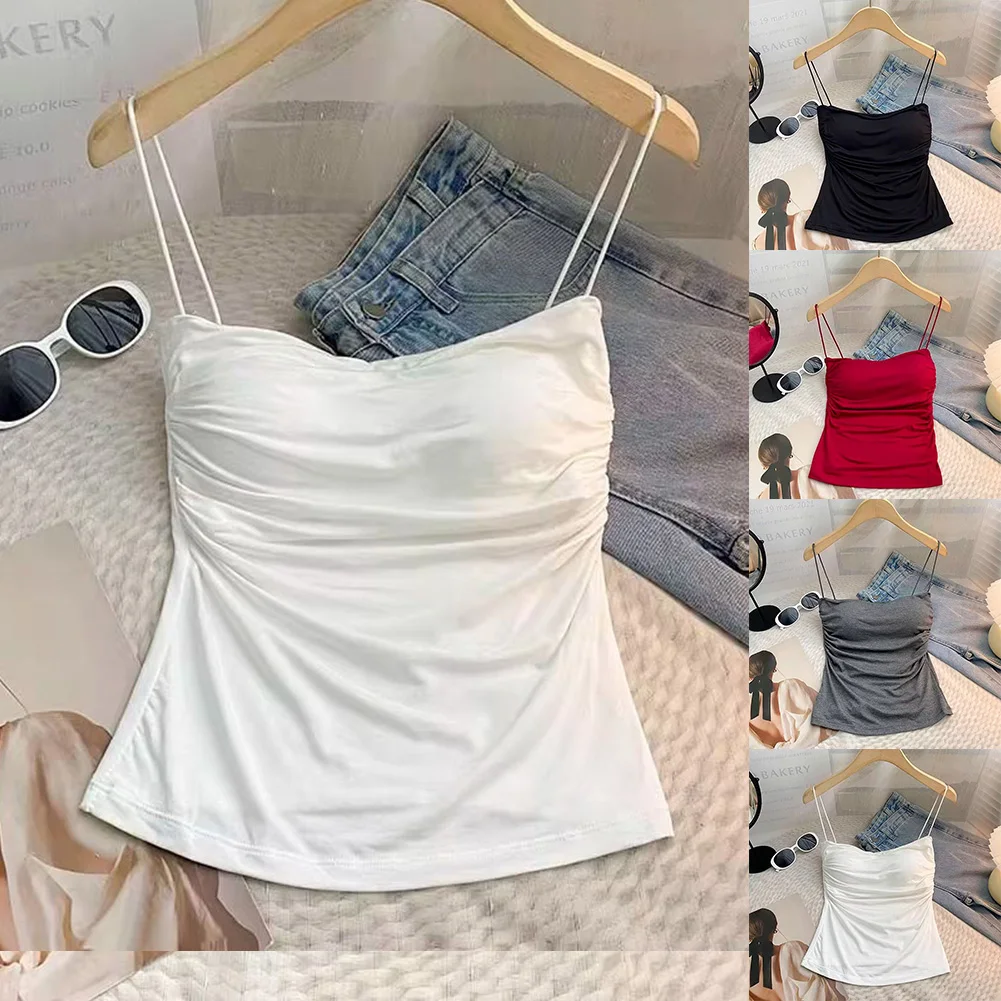 Womens Sleeveless Pleated Slim Vest Sexy Hot Girl Short Spaghetti Straplesss Camis Tank Tops Women's Inner Bottom Top