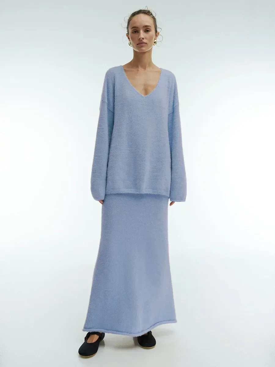 Women Knitted V-neck Sweater+Skirt Sets  Autumn Winter Thick Casual Sweater Warm Fashion Skirt Pullover 2 Pieces Sets