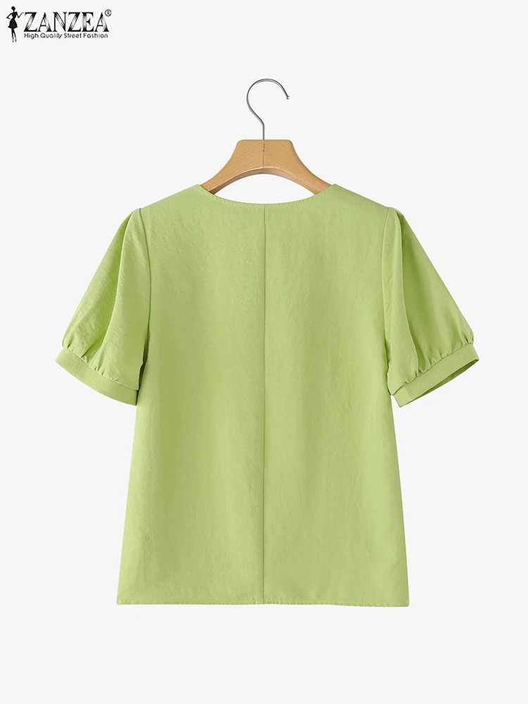 ZANZEA قمصان مكتب صيفية 2025 بلوزات نسائية أنيقة بأكمام قصيرة وأزرار سفلية قميص موضة OL بلوزة عمل غير رسمية برقبة دائرية #2